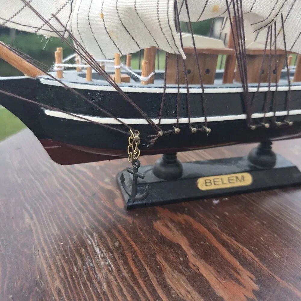 VTG Belem Sailboat Model Wood Cloth Sails Black White Desktop Display